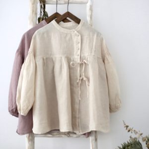 Linen Blouse: Bow Tie Surplice Gown with Bishop Sleeves