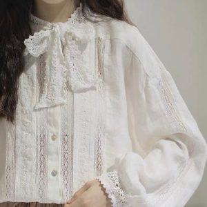 Lace Linen Blouse: Victorian Mori Girl Bow Tie Top