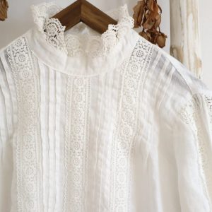 Handmade Linen Blouse: Embroidered Lace Long Sleeve Top