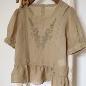 Ramie blouse, french top, vintage style, embroidery blouse, short sleeves, square collar