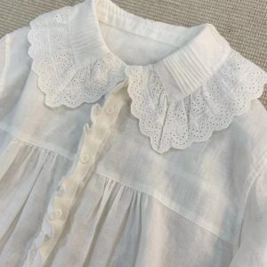 Linen Dress with Ruffled Peter Pan Collar and Long Sleeves