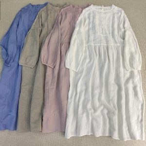 Linen Long Sleeve Dress with Lace & Pockets