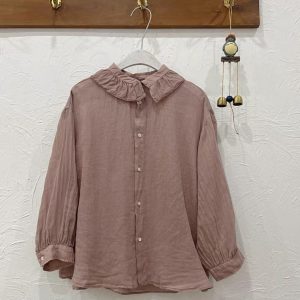 Ramie Blouse with Lace Ruffled Collar