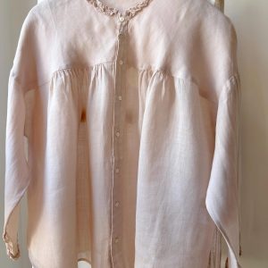 Ramie Blouse: Ruffled Collar, Light Pink & Purple