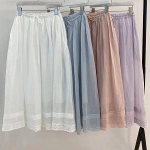 Ramie Midi Skirt with Pockets: Elastic Waist, Lace Trim