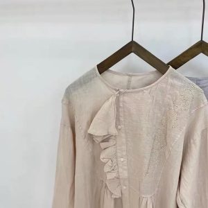 Embroidered Linen Blouse: Ruffle Trim Long Sleeve Top