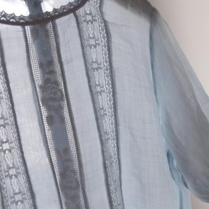 Ramie Blouse: Blue & White Lace Rose Embroidery, Short Sleeve Top