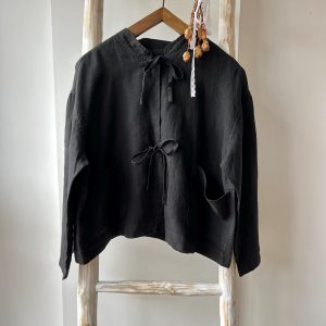 Oversized Linen Jacket: Short Bow Tie Coat with Pockets