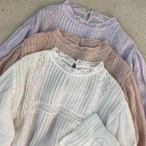 Handmade Ramie Lace Blouse: Vintage Style Short Sleeve Top