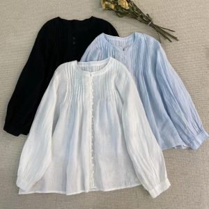 Ruffled Linen Blouse: Long Sleeve Flax Shirt - Autumn Spring