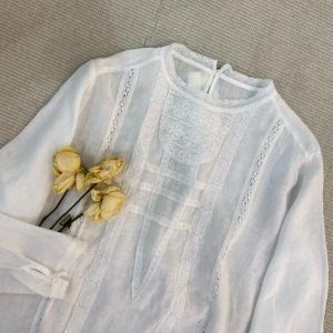 Lace Embroidery Linen Blouse - Autumn Long Sleeve Oversized Top