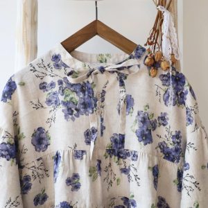 long sleeves, linen blouse, women top, vintage style blouse, flora and botanic pattern