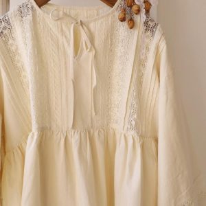 cotton linen mixed blouse, long sleeves shirt, women oversized shirt, lace and embroidery