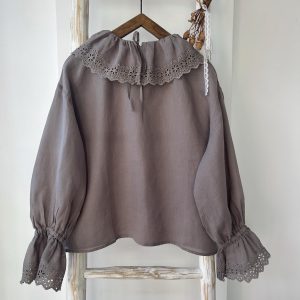 vintage style ramie blouse for women, flower lace collar, romantice top, shirt