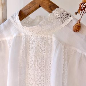 Linen Lace Blouse, White Ramie Shirt, Vintage Romantic Top