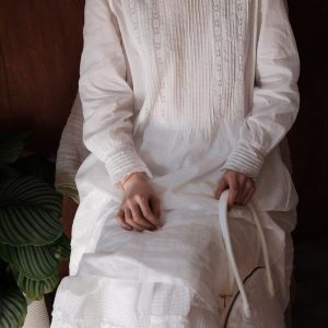 Vintage Inspired White Lace Dress, ramie and cotton long sleeve Midi Dress for women