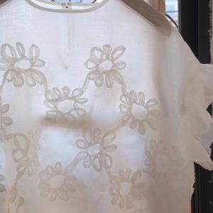 ramie blouse for women, 3D floral top, loose fit, ruffle sleeve