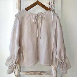 linen blouse women, tie back top, adjustable waist shirt, japanese style