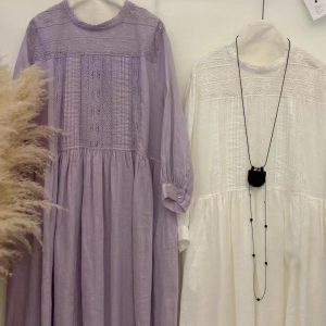 linen dress with lace, pleated embroidery, oversized one pieces,  long sleeves, with pocket