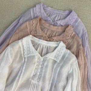ramie lace blouse women,loose fit shirt, vintage style, lightweight top