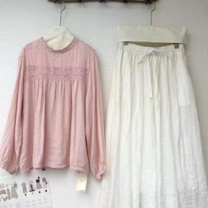 Lace Trim Linen Blouse, Long Sleeve Women's Top, Oversized Fit