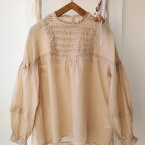 lace ramie blouse, women top with long sleeves, khaki color, spring and summer shirt