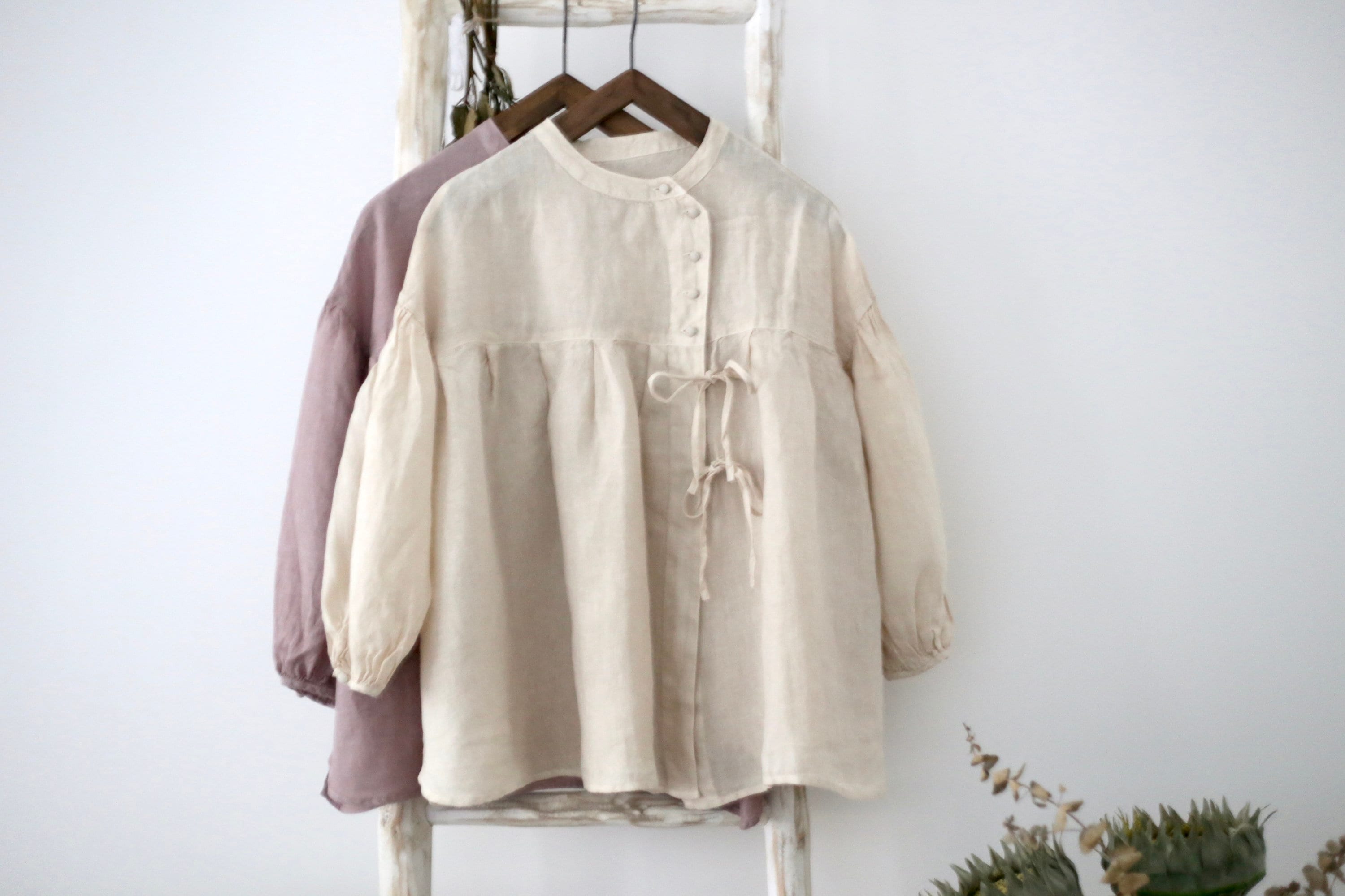 Linen Blouse: Bow Tie Surplice Gown with Bishop Sleeves