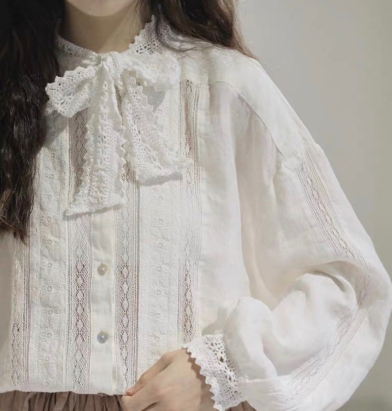 Lace Linen Blouse: Victorian Mori Girl Bow Tie Top
