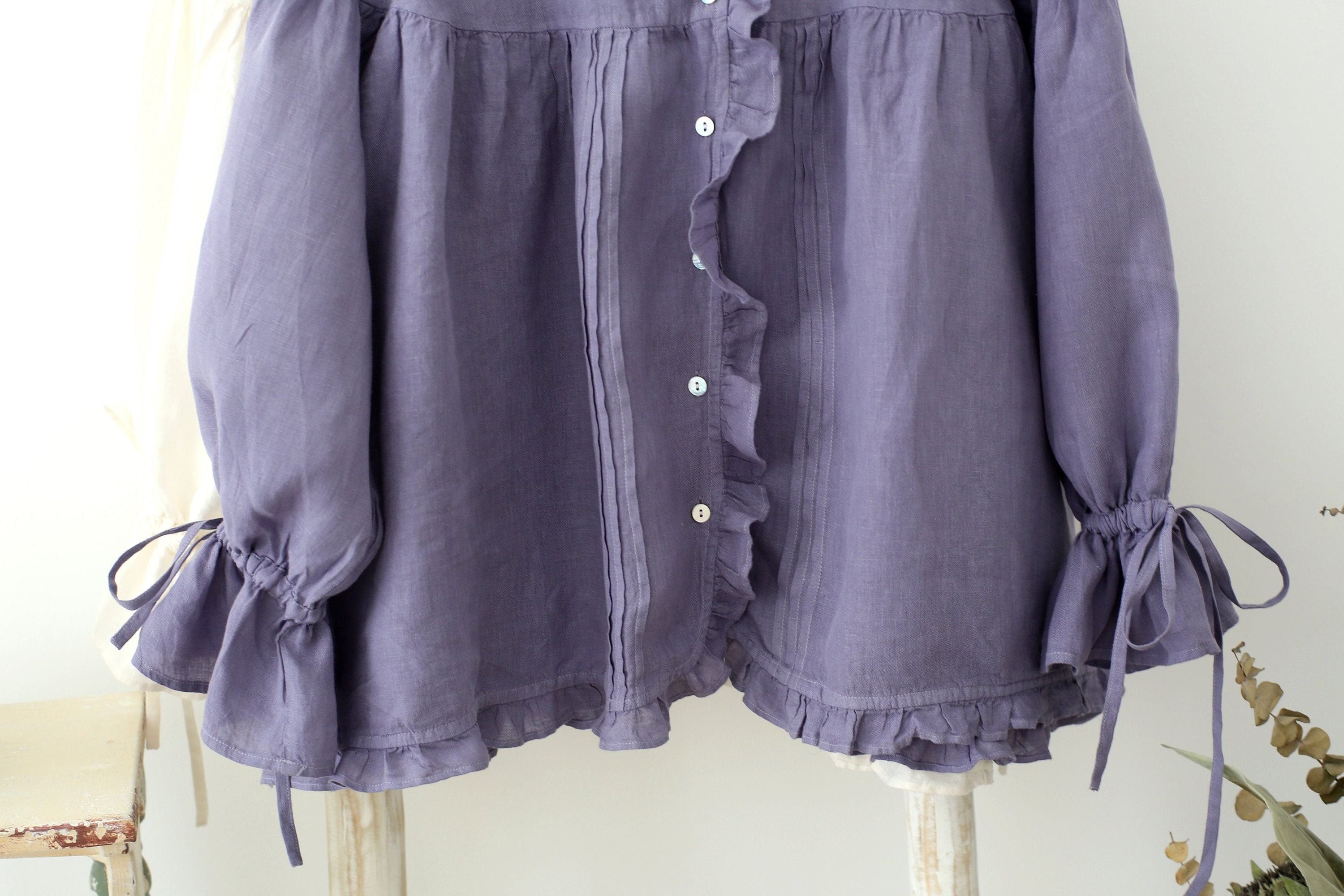 Lace Edged Linen Blouse: Bow Tie Sleeve, Ruffle Cuff - Vintage Style