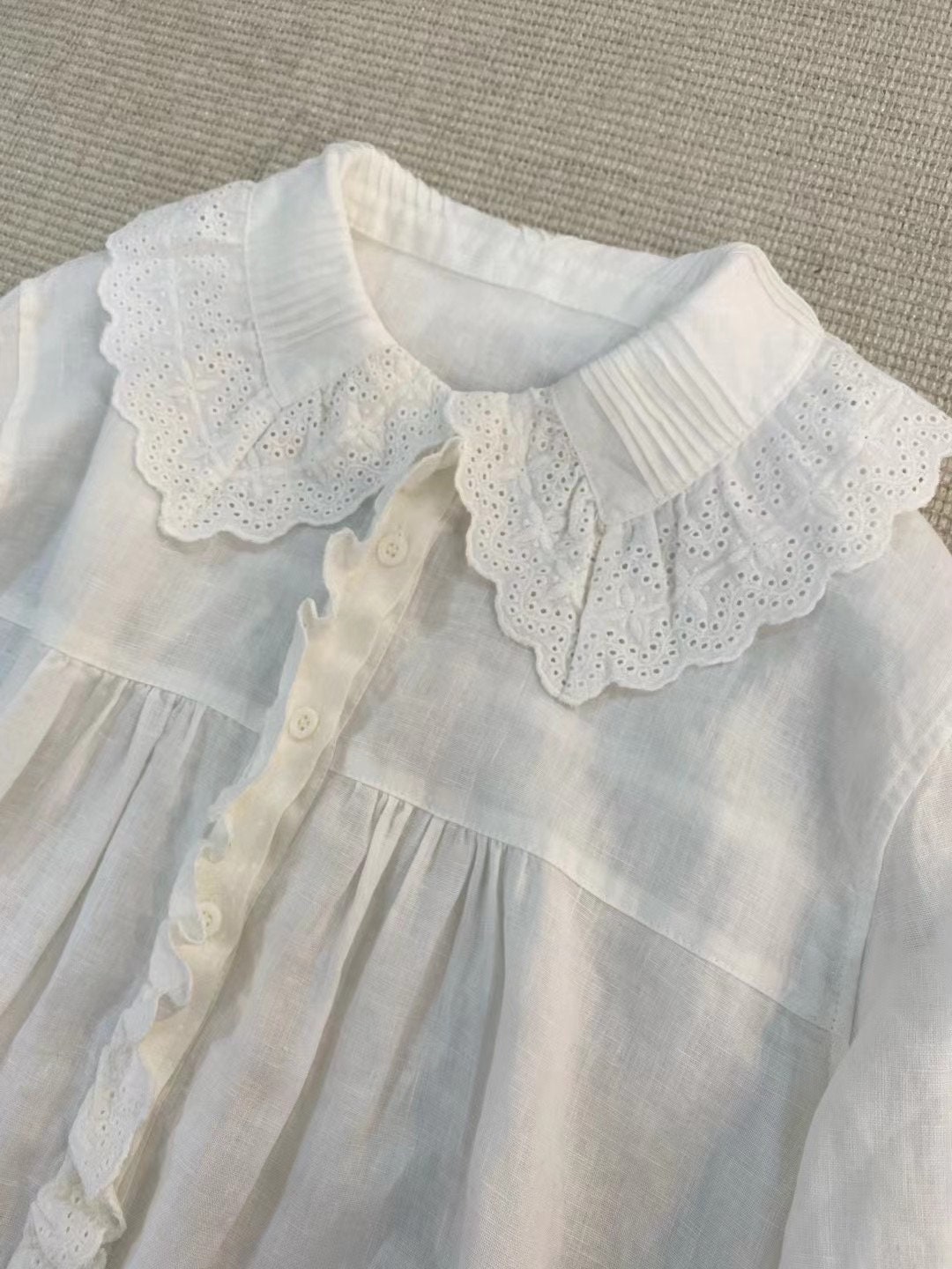 Linen Dress with Ruffled Peter Pan Collar and Long Sleeves