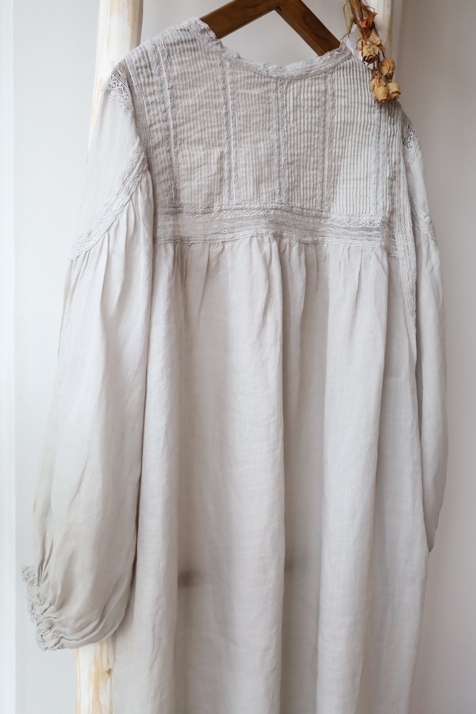 Handmade Ramie Dress: Long Sleeve Pleated Lace Oversized Summer Dress