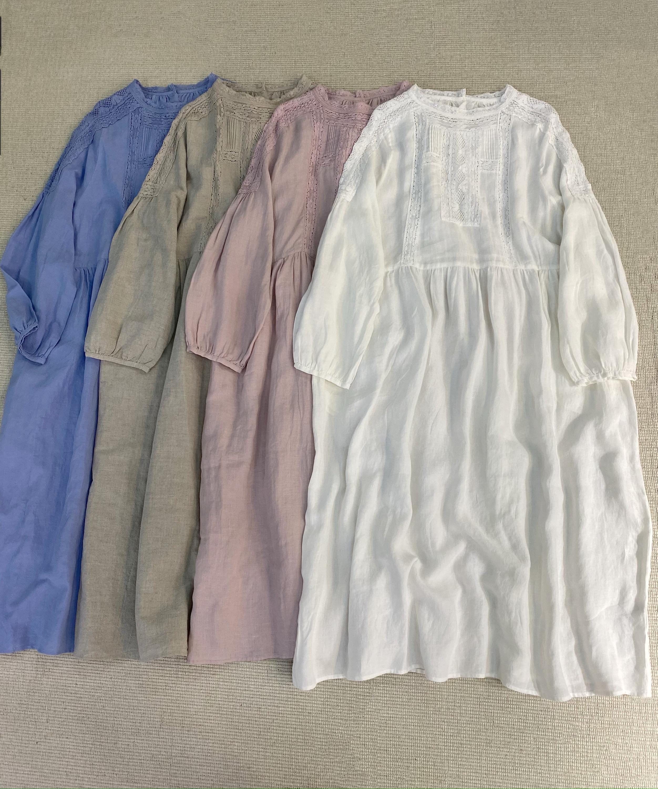 Linen Long Sleeve Dress with Lace & Pockets
