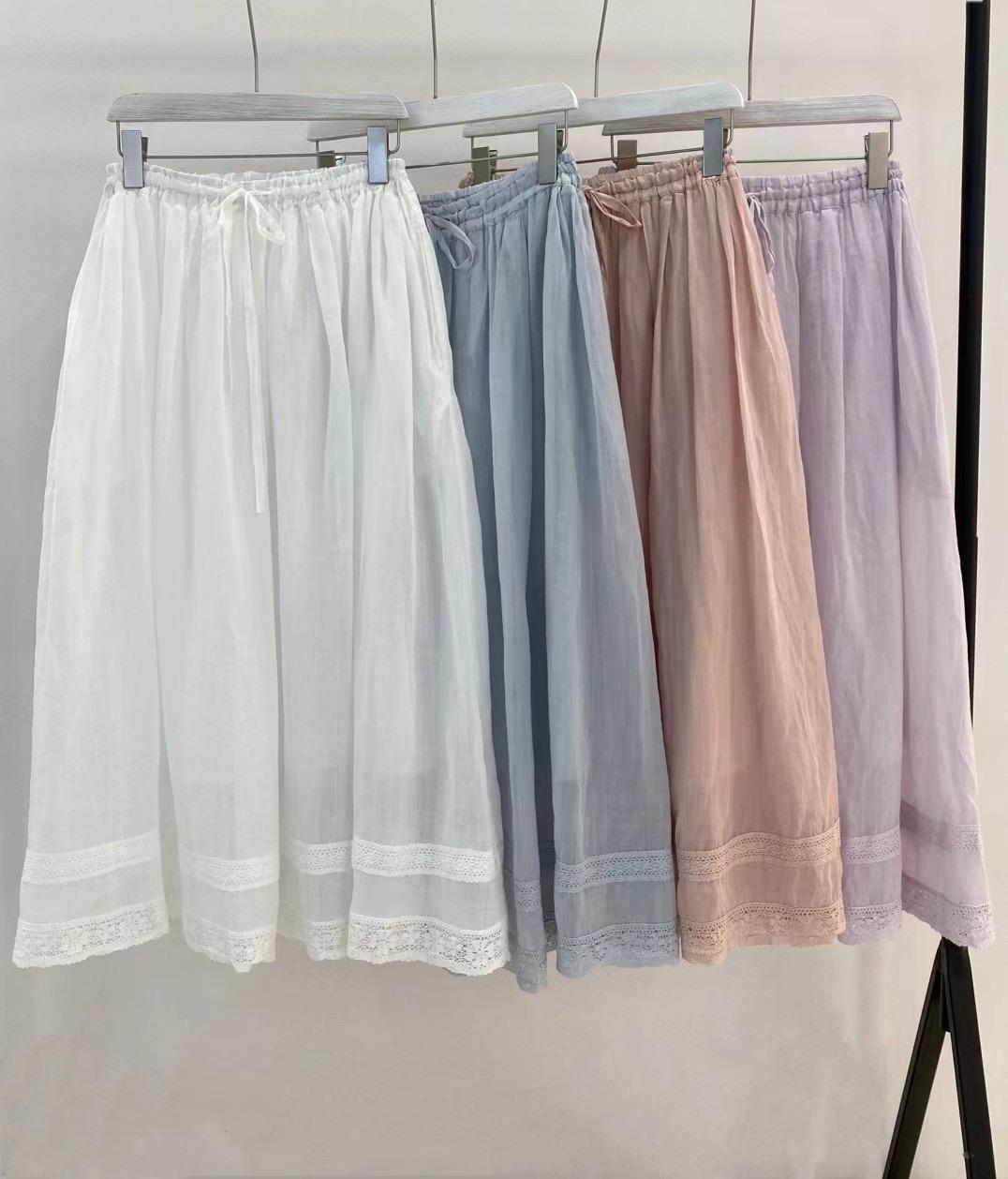 Ramie Midi Skirt with Pockets: Elastic Waist, Lace Trim