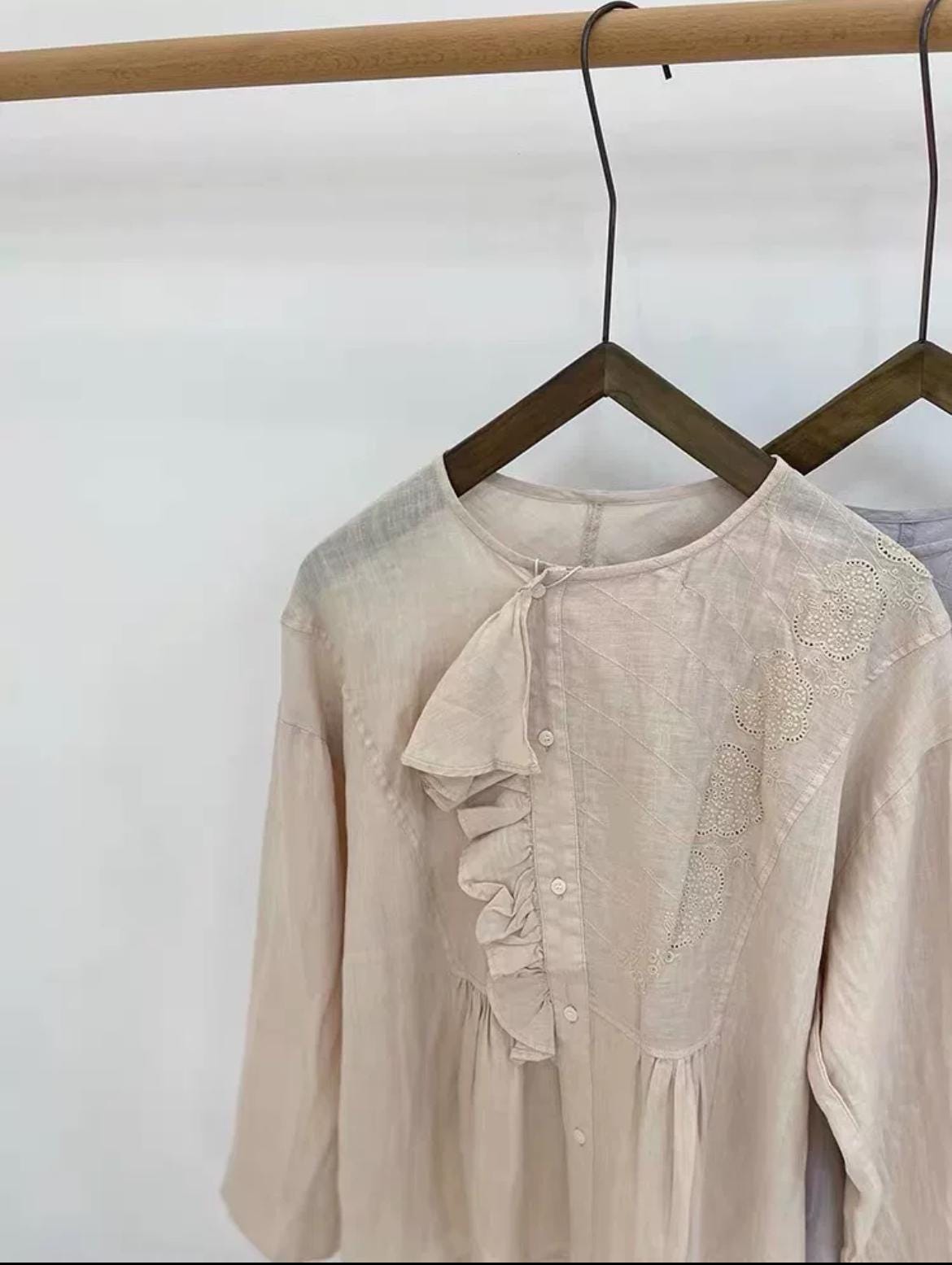 Embroidered Linen Blouse: Ruffle Trim Long Sleeve Top