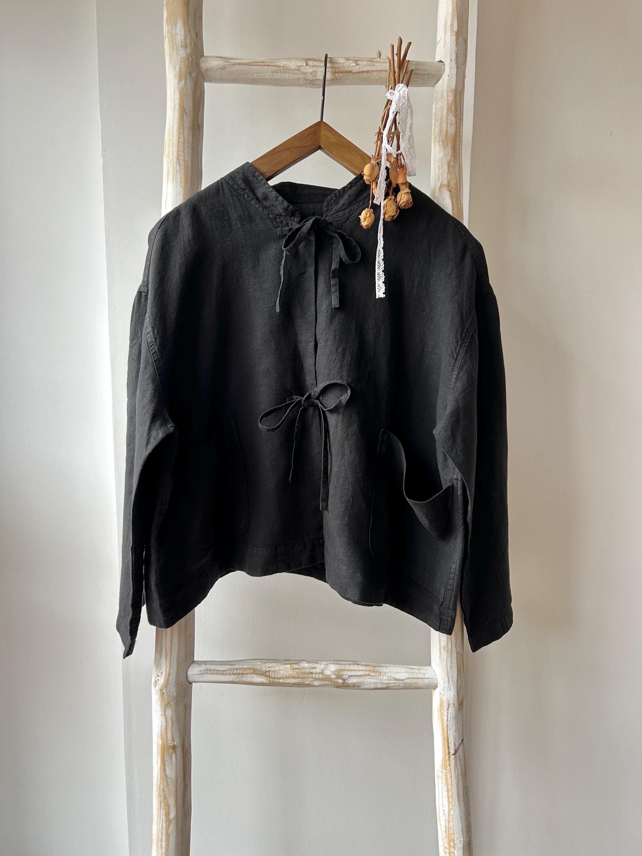 Oversized Linen Jacket: Short Bow Tie Coat with Pockets