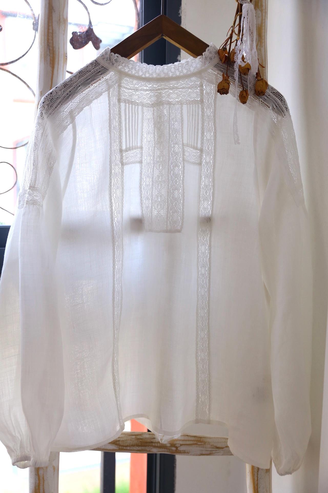 Lace Linen Blouse: Long Sleeve Oversized Ramie Shirt
