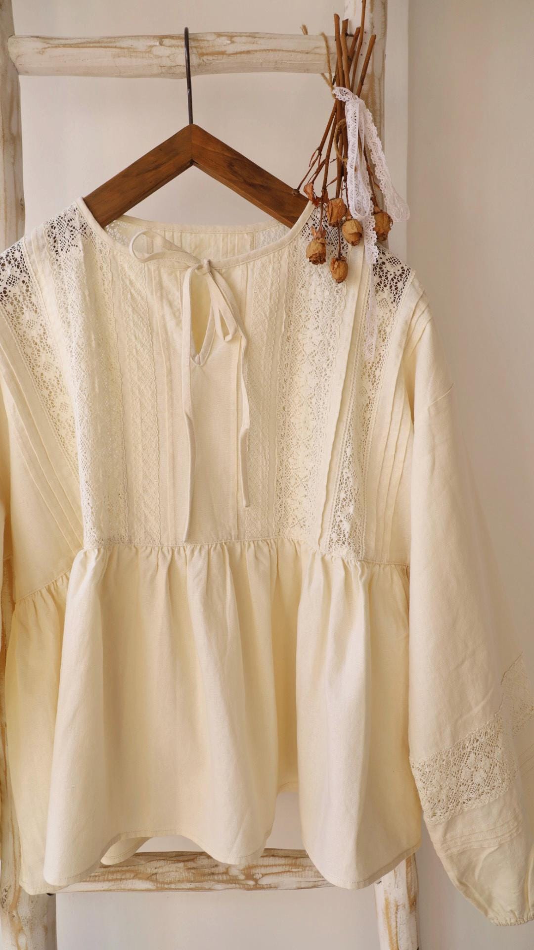 cotton linen mixed blouse, long sleeves shirt, women oversized shirt, lace and embroidery