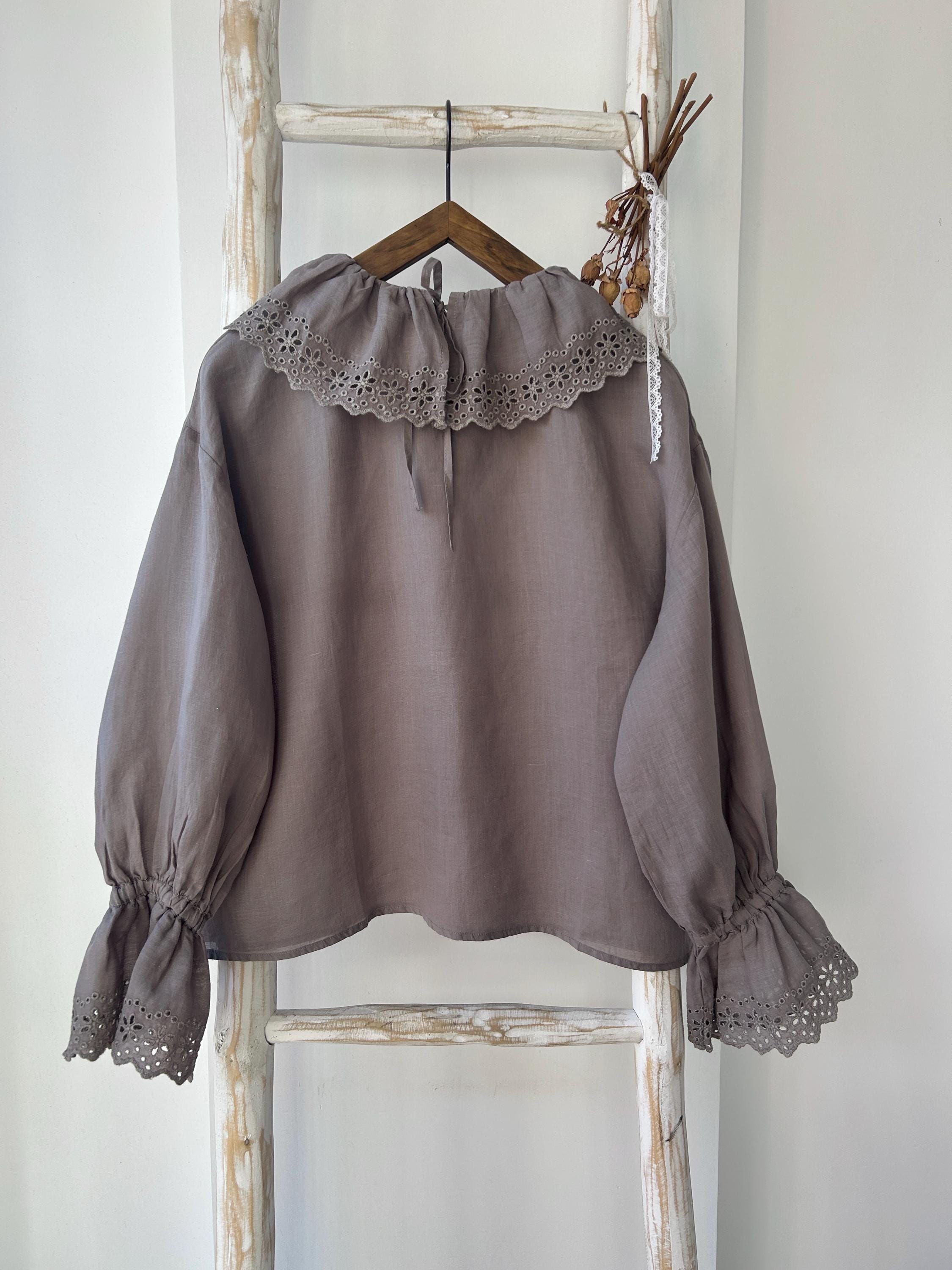 vintage style ramie blouse for women, flower lace collar, romantice top, shirt