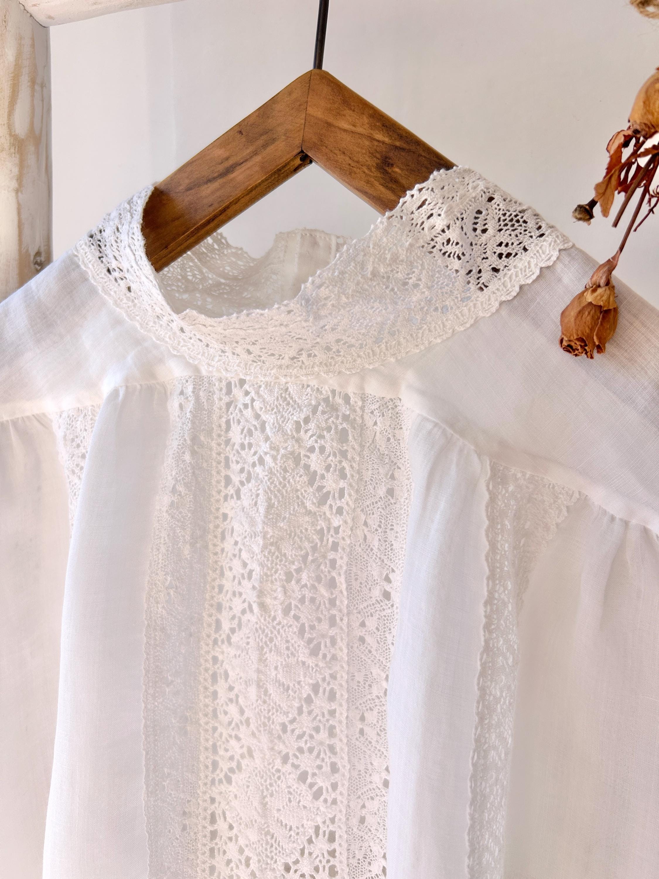 Linen Lace Blouse, White Ramie Shirt, Vintage Romantic Top