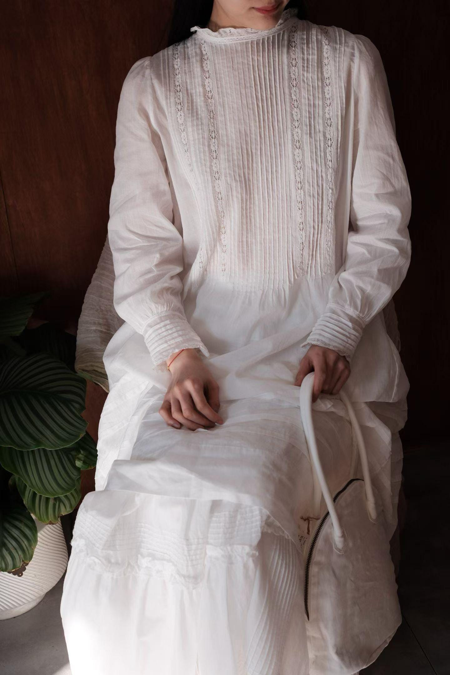 Vintage Inspired White Lace Dress, ramie and cotton long sleeve Midi Dress for women