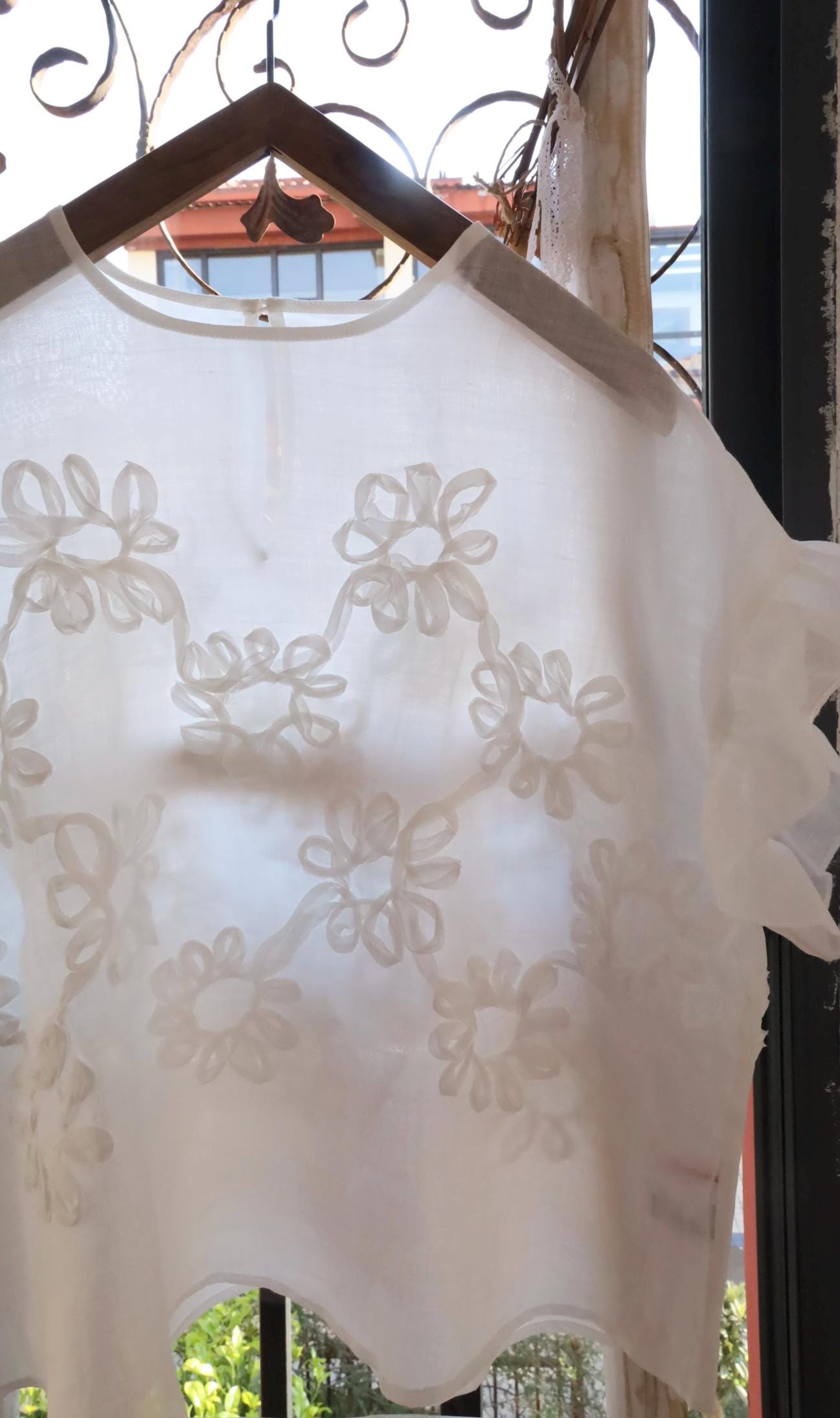 ramie blouse for women, 3D floral top, loose fit, ruffle sleeve
