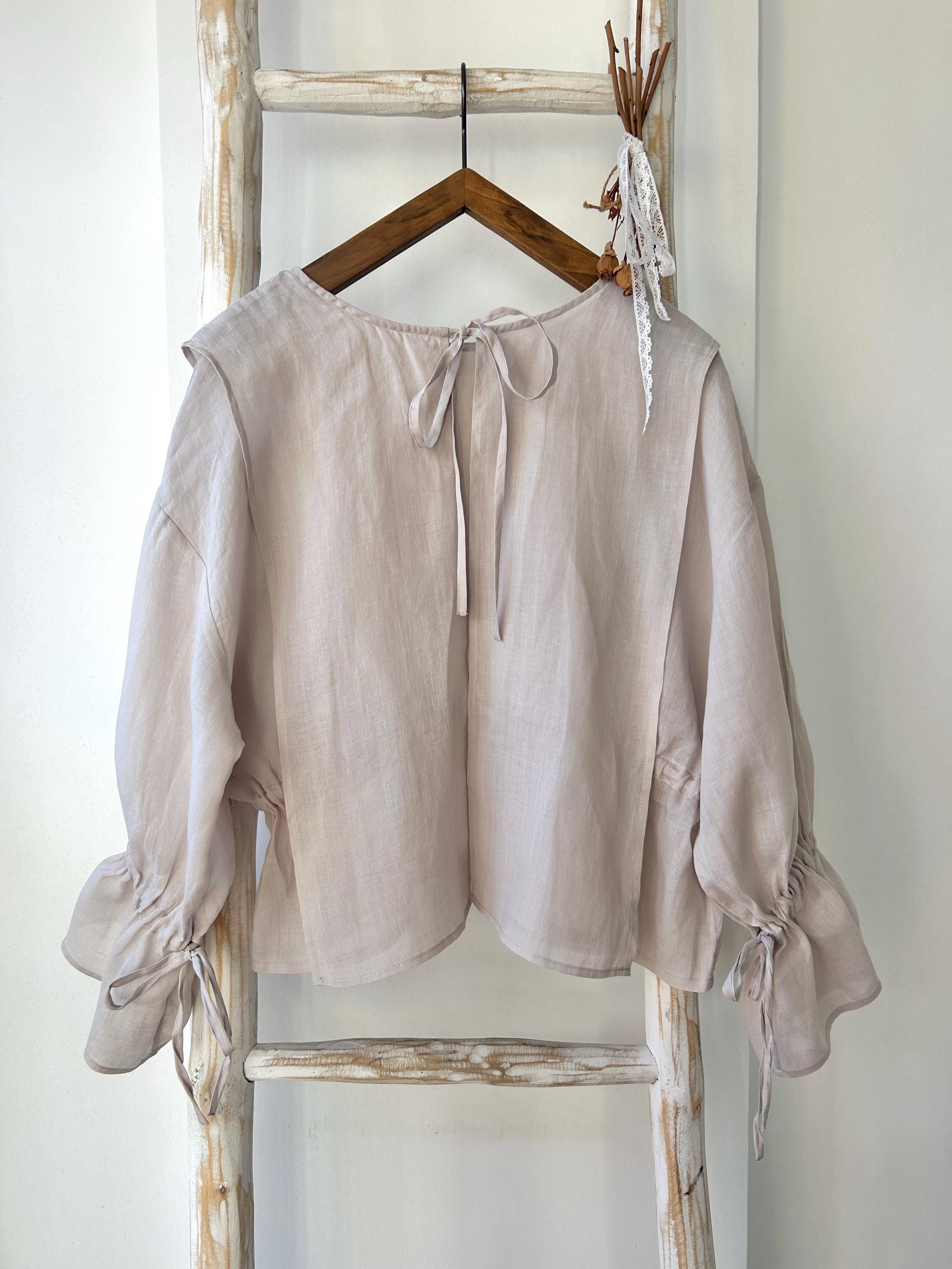 linen blouse women, tie back top, adjustable waist shirt, japanese style