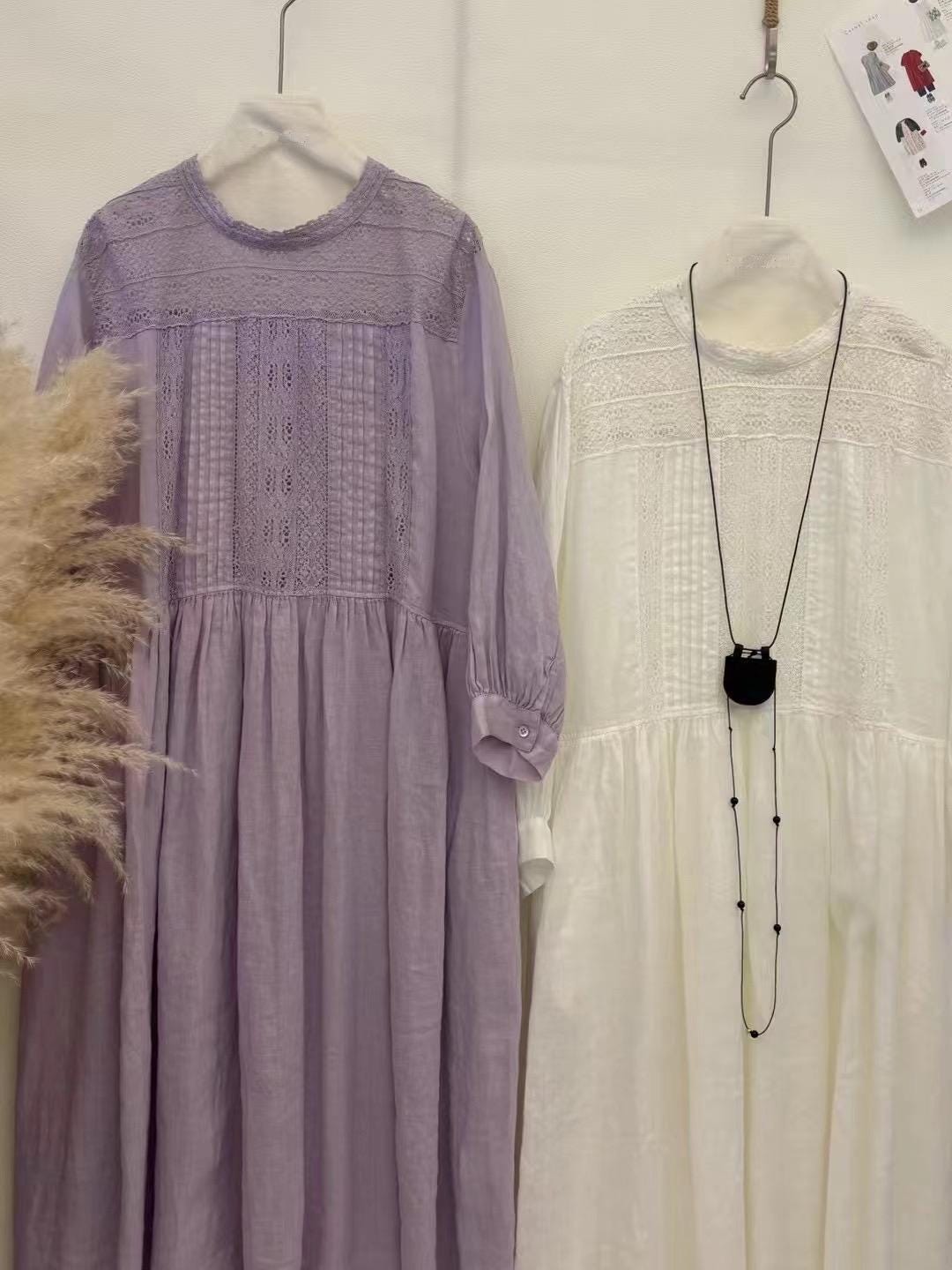 linen dress with lace, pleated embroidery, oversized one pieces,  long sleeves, with pocket