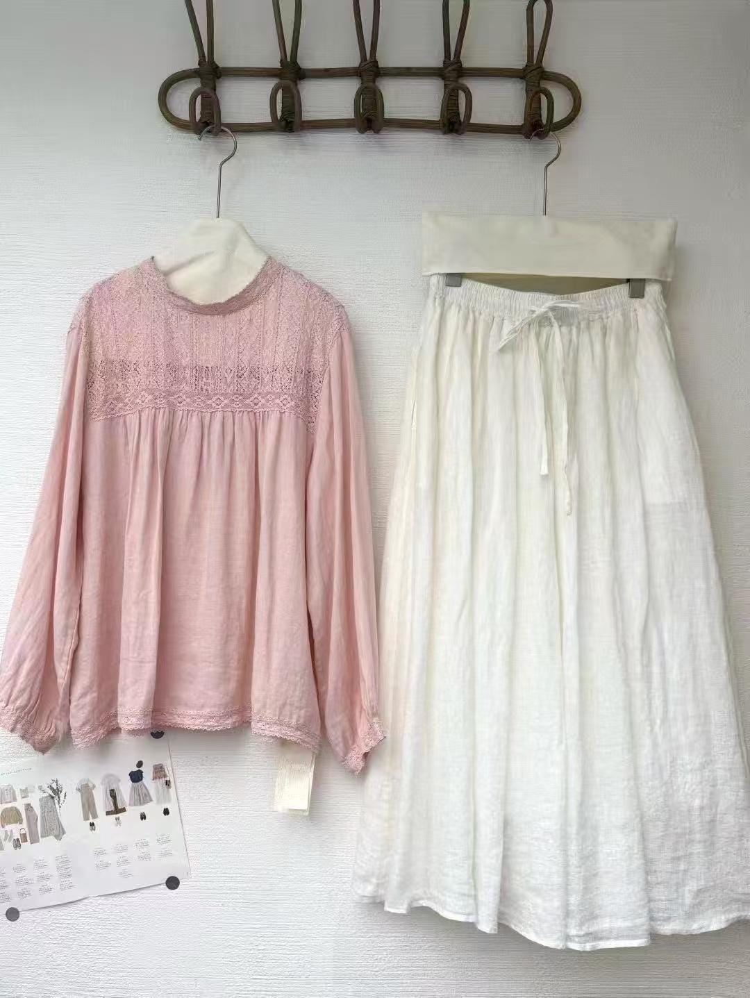 Lace Trim Linen Blouse, Long Sleeve Women's Top, Oversized Fit