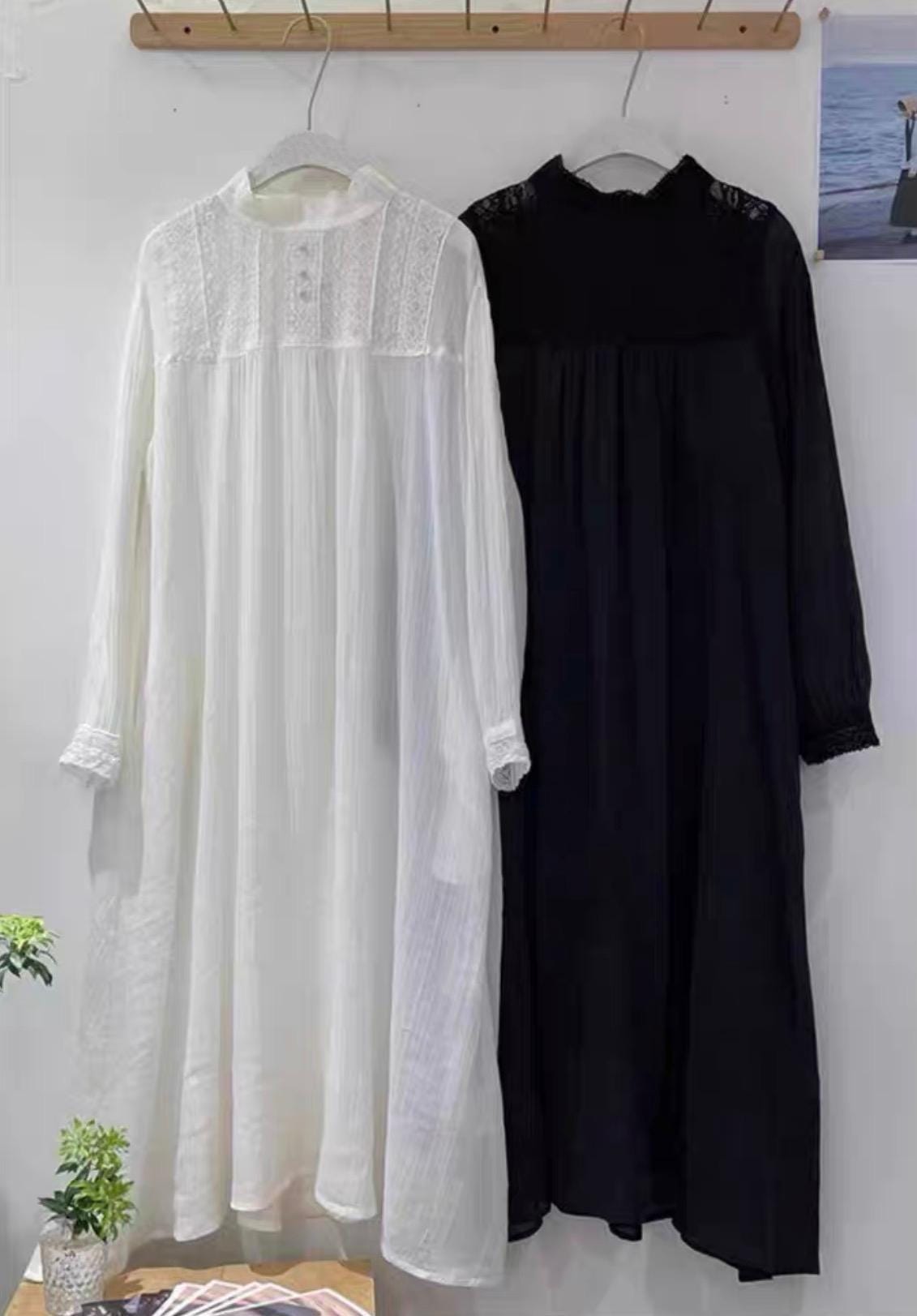 Vintage White Lace Ramie Maxi Dress, Long Sleeve, High Neck
