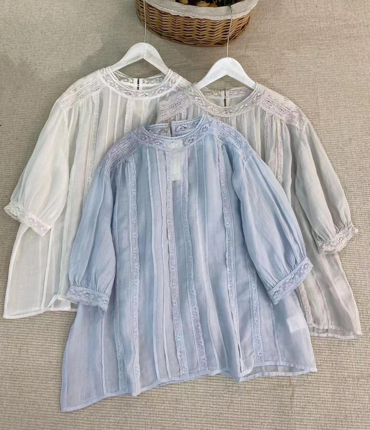 ramie lace blouse for women, white blue gray top, loose fit shirt,summer short sleeves