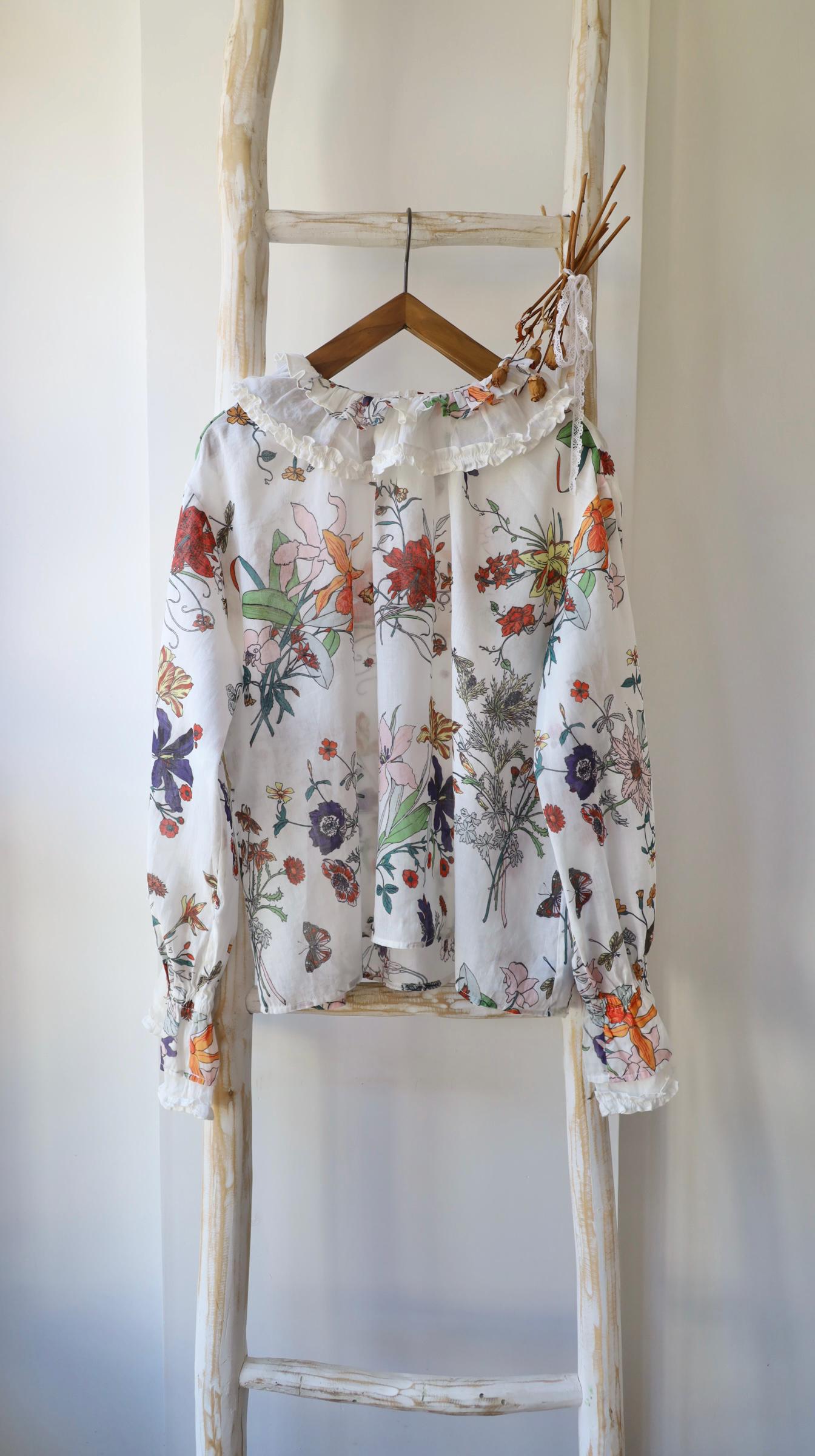 ramie flower pattern, blouse for women, oversized top, long sleeves, romantic floral, ruffle collar shirt