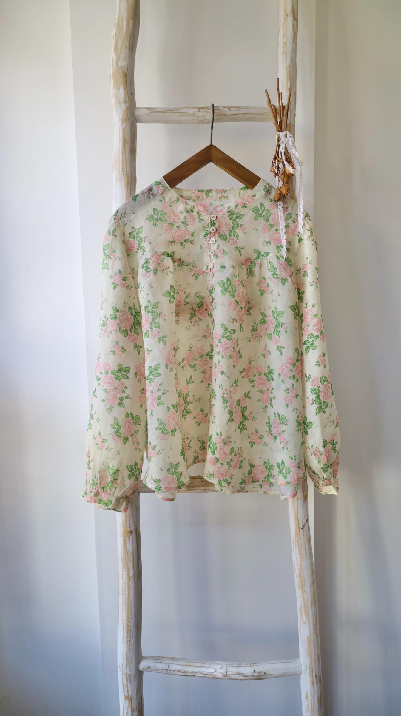 Romantic Ramie Floral Blouse for Women,  Pink Rose Pattern Top, Long Sleeve Shirt, Loose Fit Style
